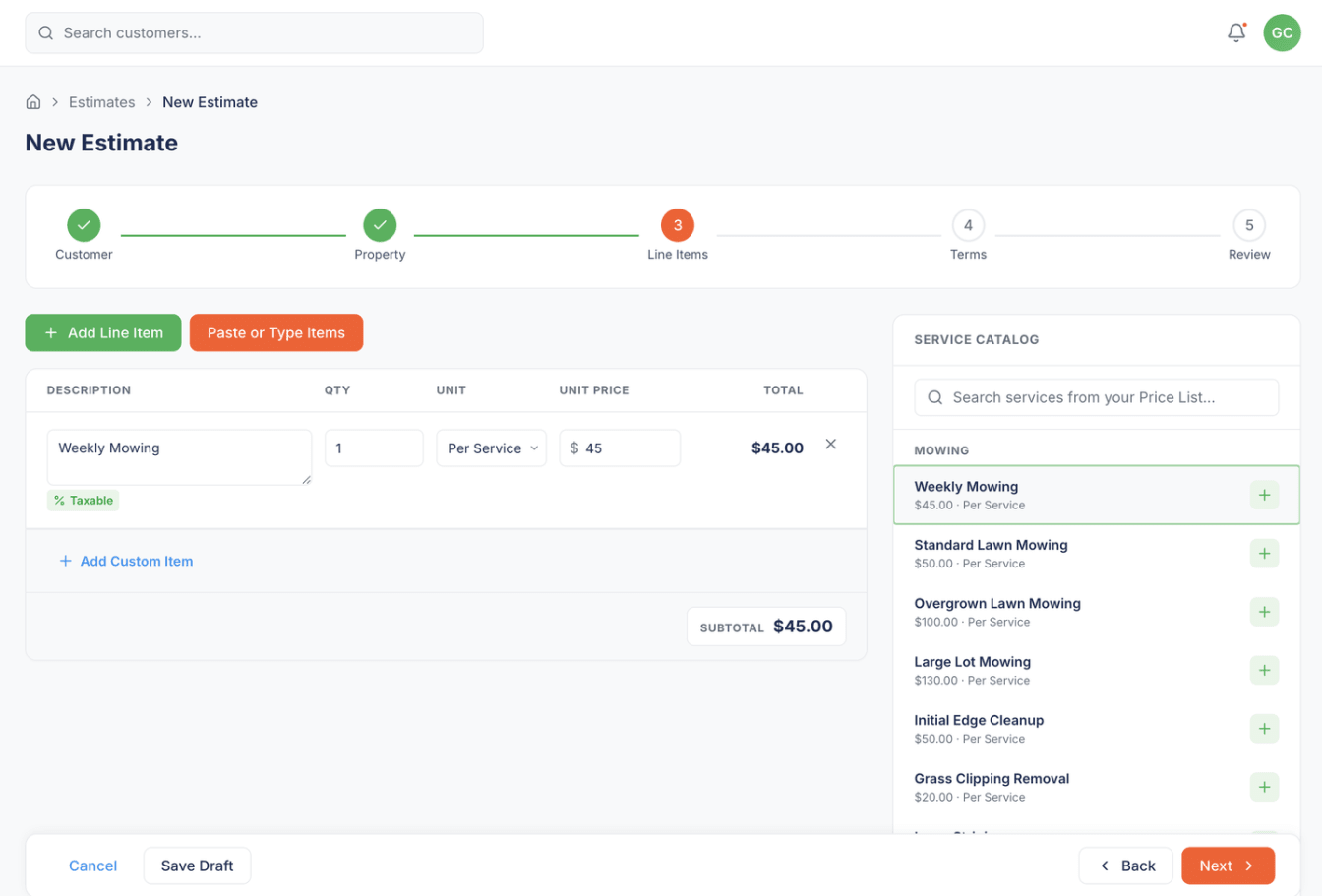 The Line Items step with Weekly Mowing added from the Service Catalog