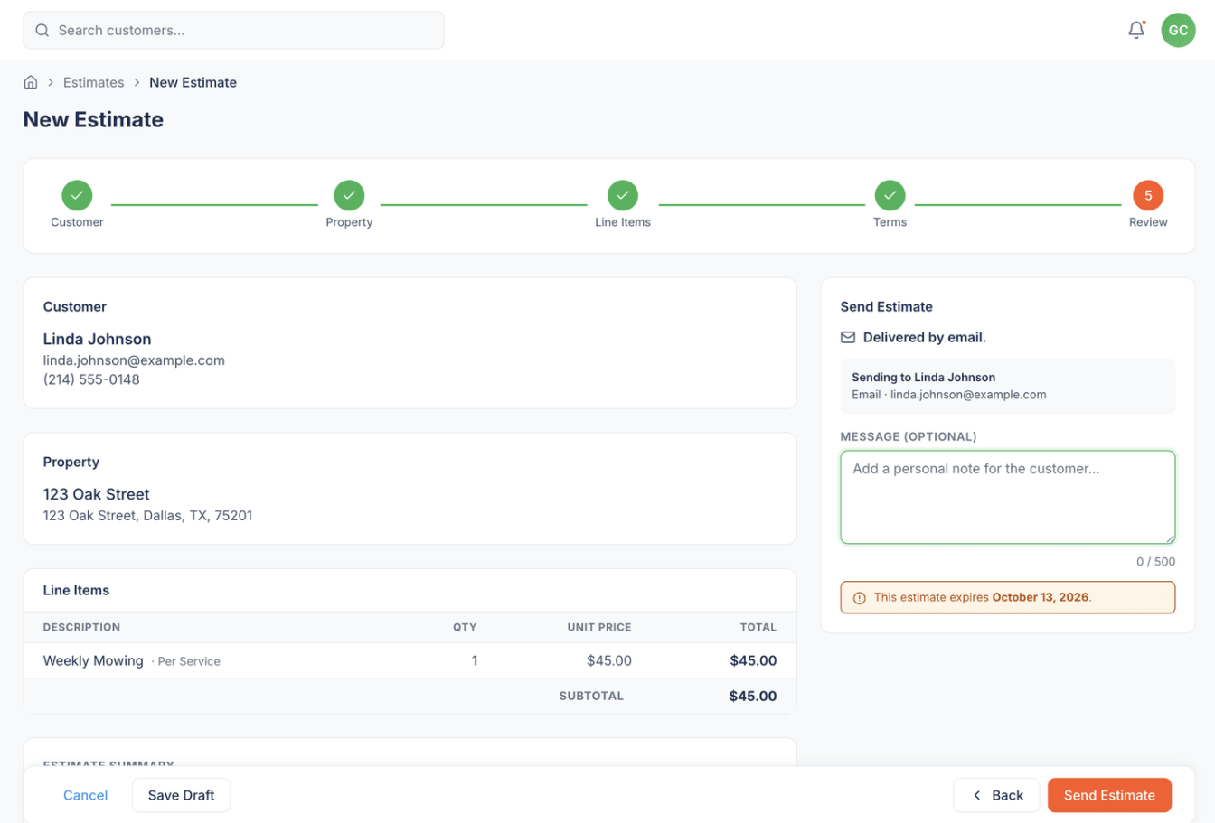 The Review step showing the customer, property, line items, and the Send Estimate panel