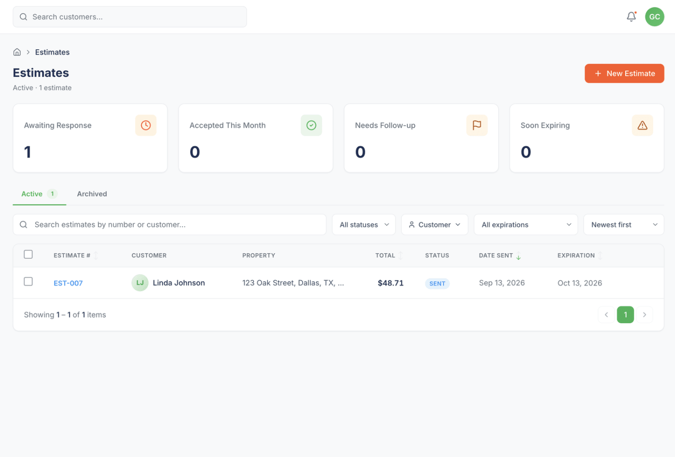 The Estimates page listing the new estimate with a Sent status