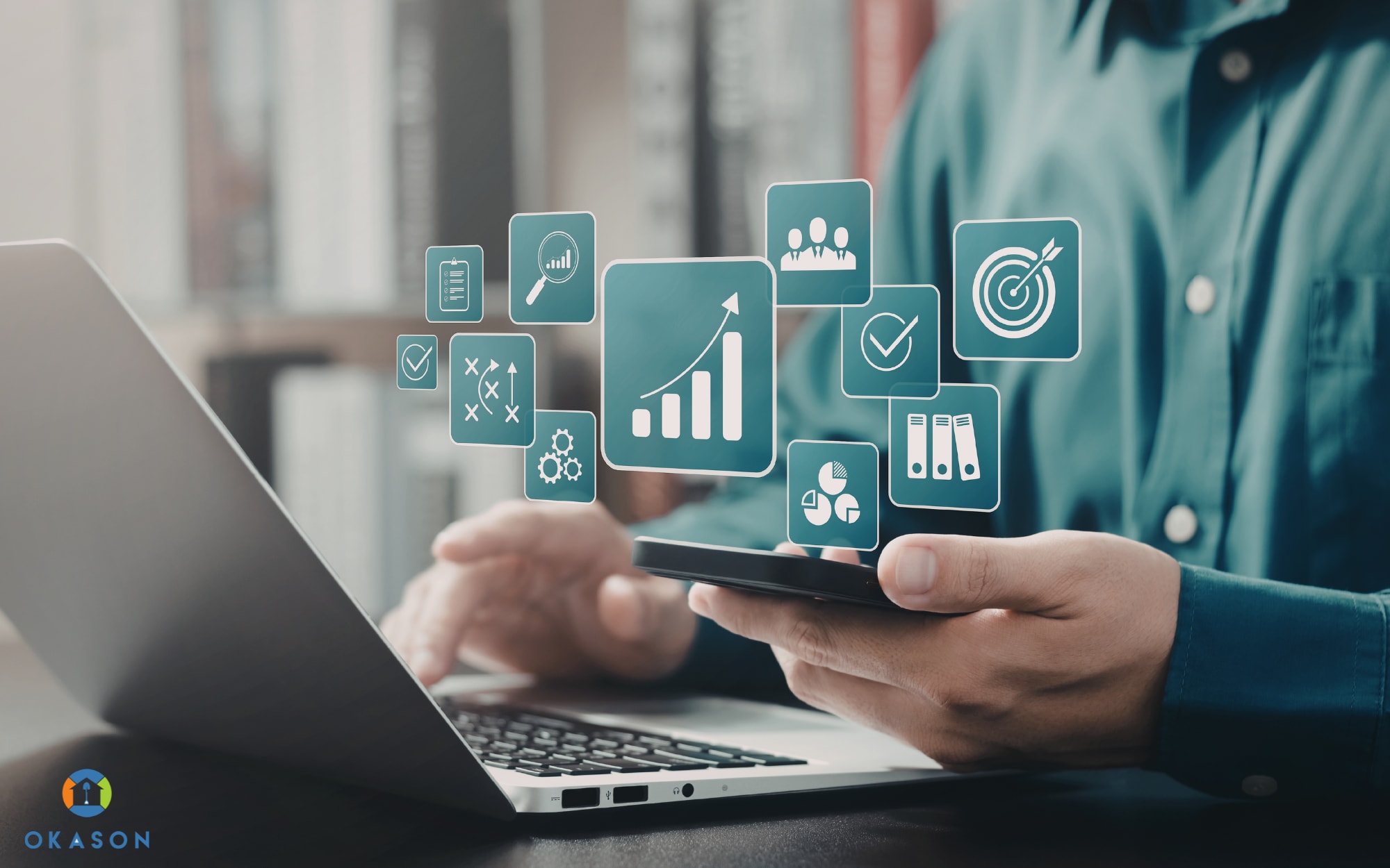 Hispanic crew leader checking smartphone beside work truck while crew unloads mowers at residential property on a bright spring morning