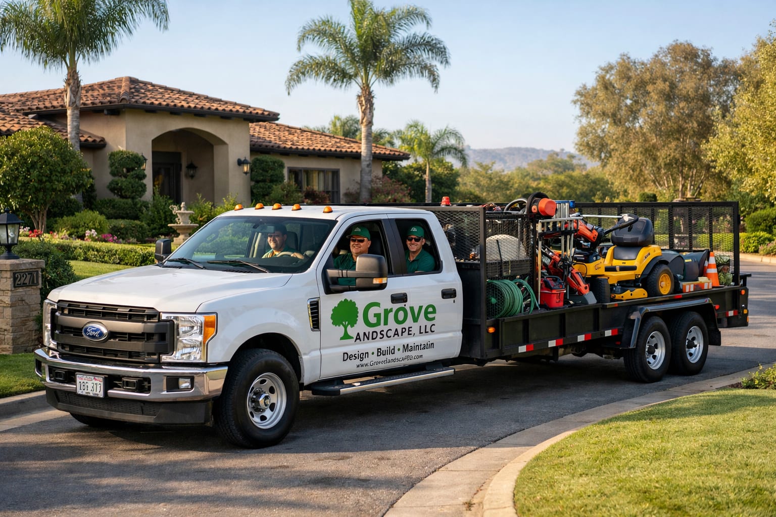 Landscape contractor with a clipboard walking a commercial property, his work pickup and mower trailer parked behind him