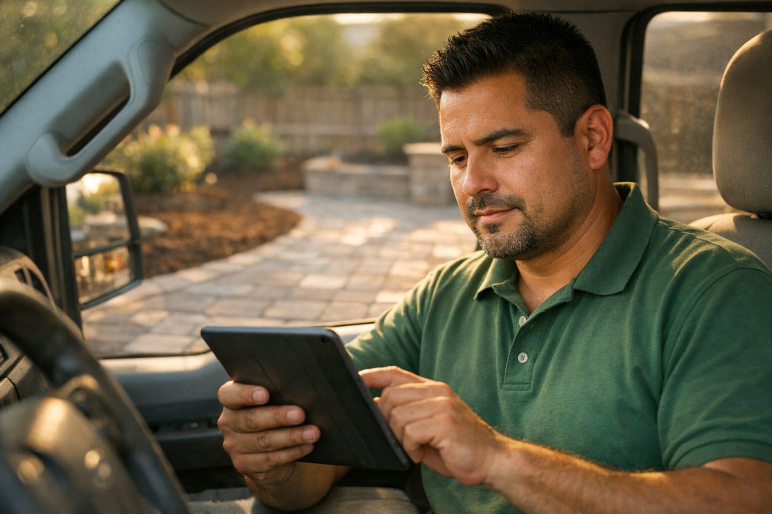 Landscaping business owner reviewing job cost numbers on a tablet in his work truck with a completed patio installation visible through the window