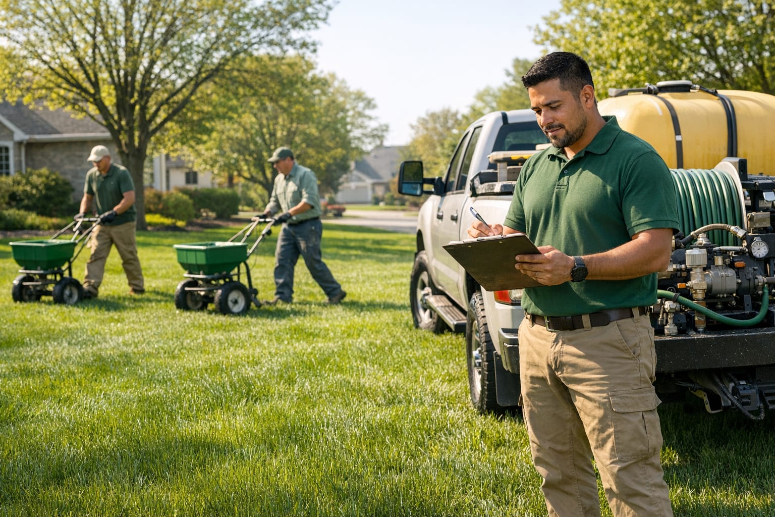 Landscaping crew leader reviewing multi-service package schedule on clipboard beside spray rig on residential lawn