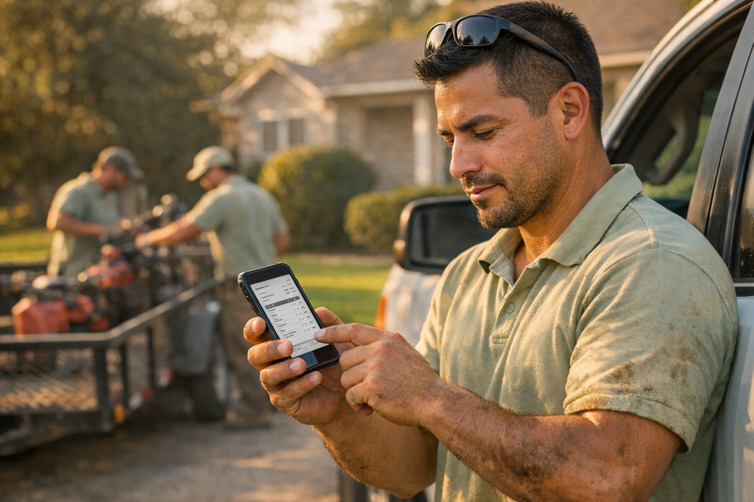 Landscaping crew leader reviewing invoice on smartphone beside work truck with crew loading equipment in background