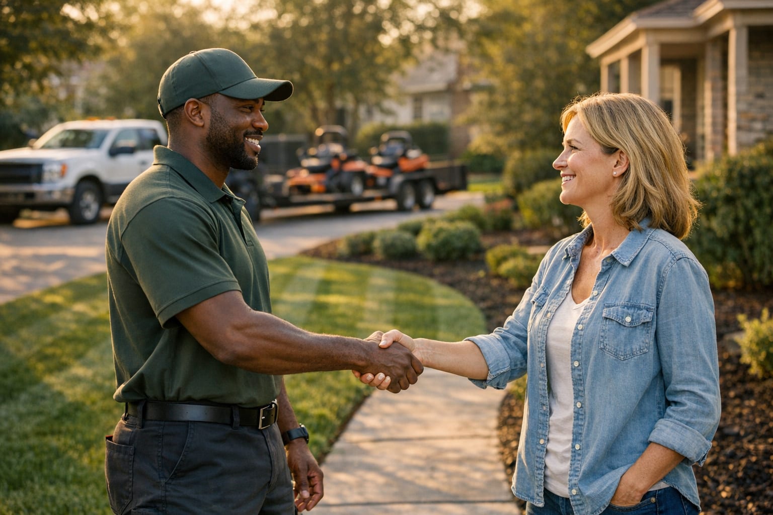 Landscaping contractor shaking hands with a homeowner in front of a freshly finished yard with mowing stripes and fresh mulch beds