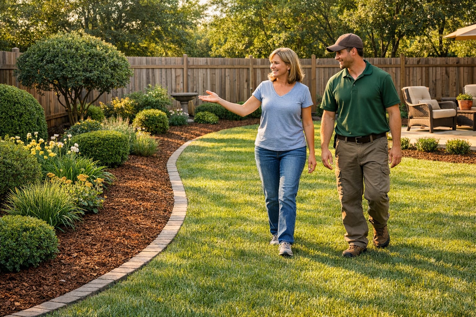 Homeowner and landscaper walking through a freshly maintained backyard, inspecting completed landscaping work with mulch beds, edged lawn, and trimmed hedges