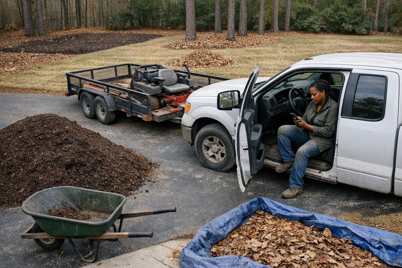 Landscaping business owner sitting in truck with phone, reviewing invoices after a day on the job