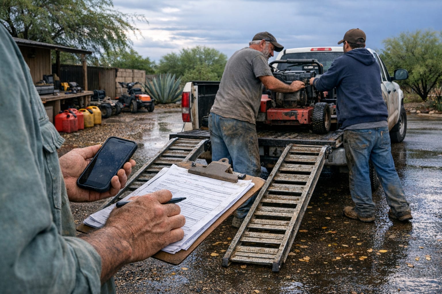 Landscaping crew loading equipment at end of workday, discussing pricing and schedule