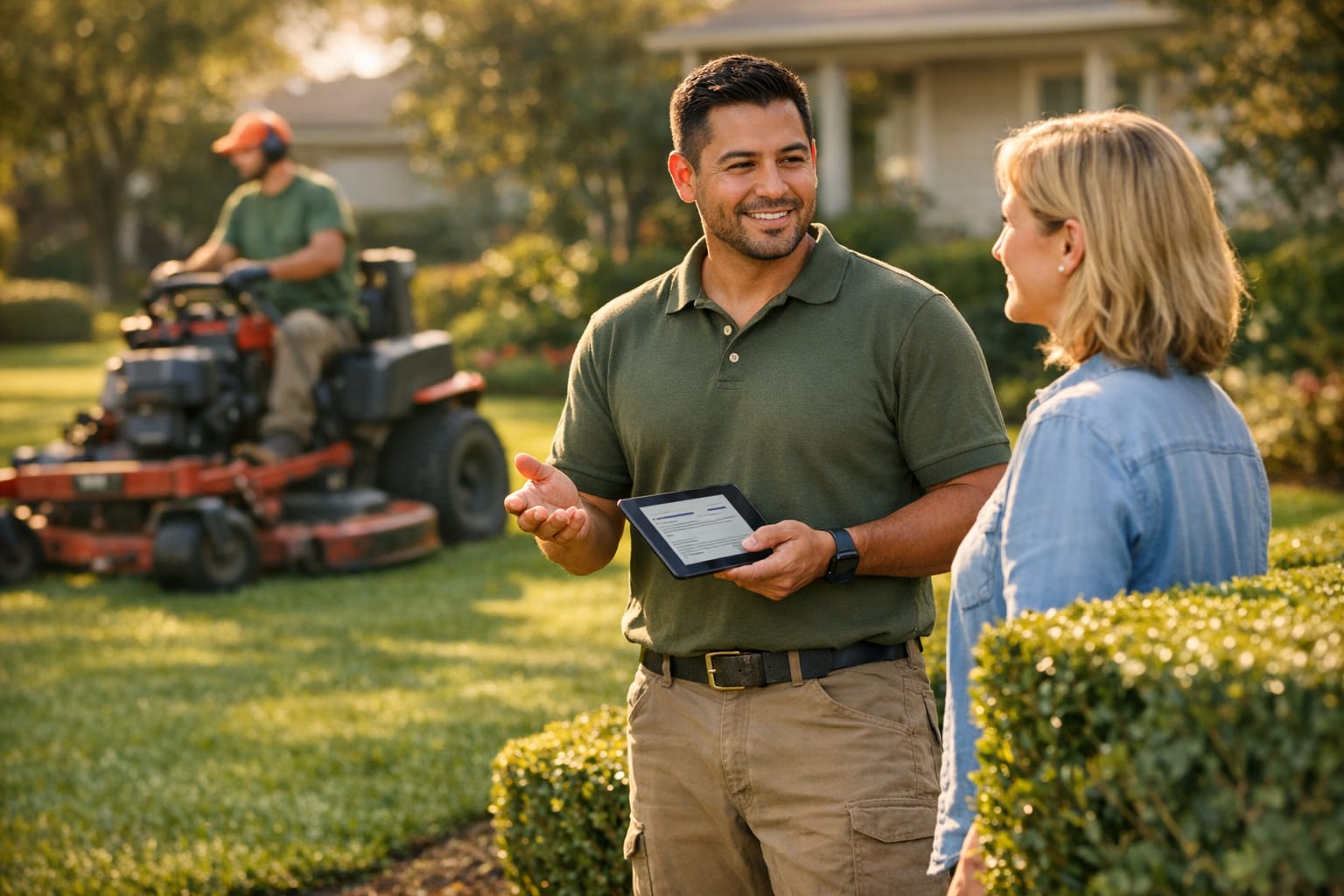 Landscaping crew leader showing a quote on a tablet to a homeowner near freshly trimmed hedges