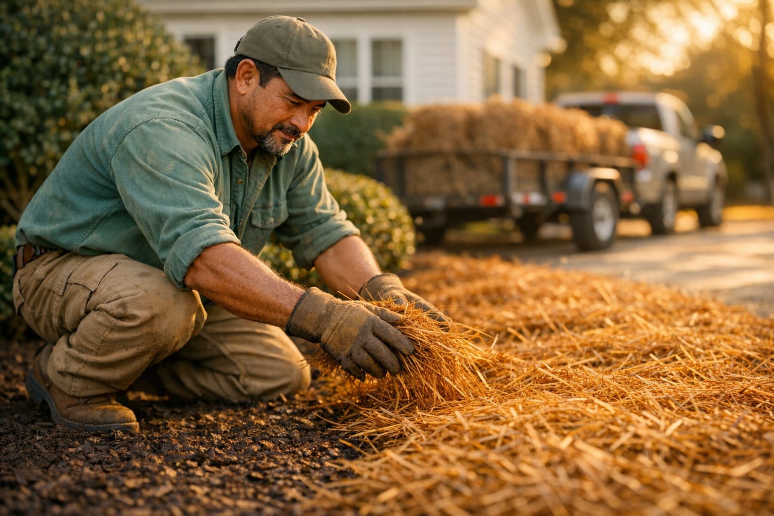 Landscaping crew spreading pine straw on residential landscape beds