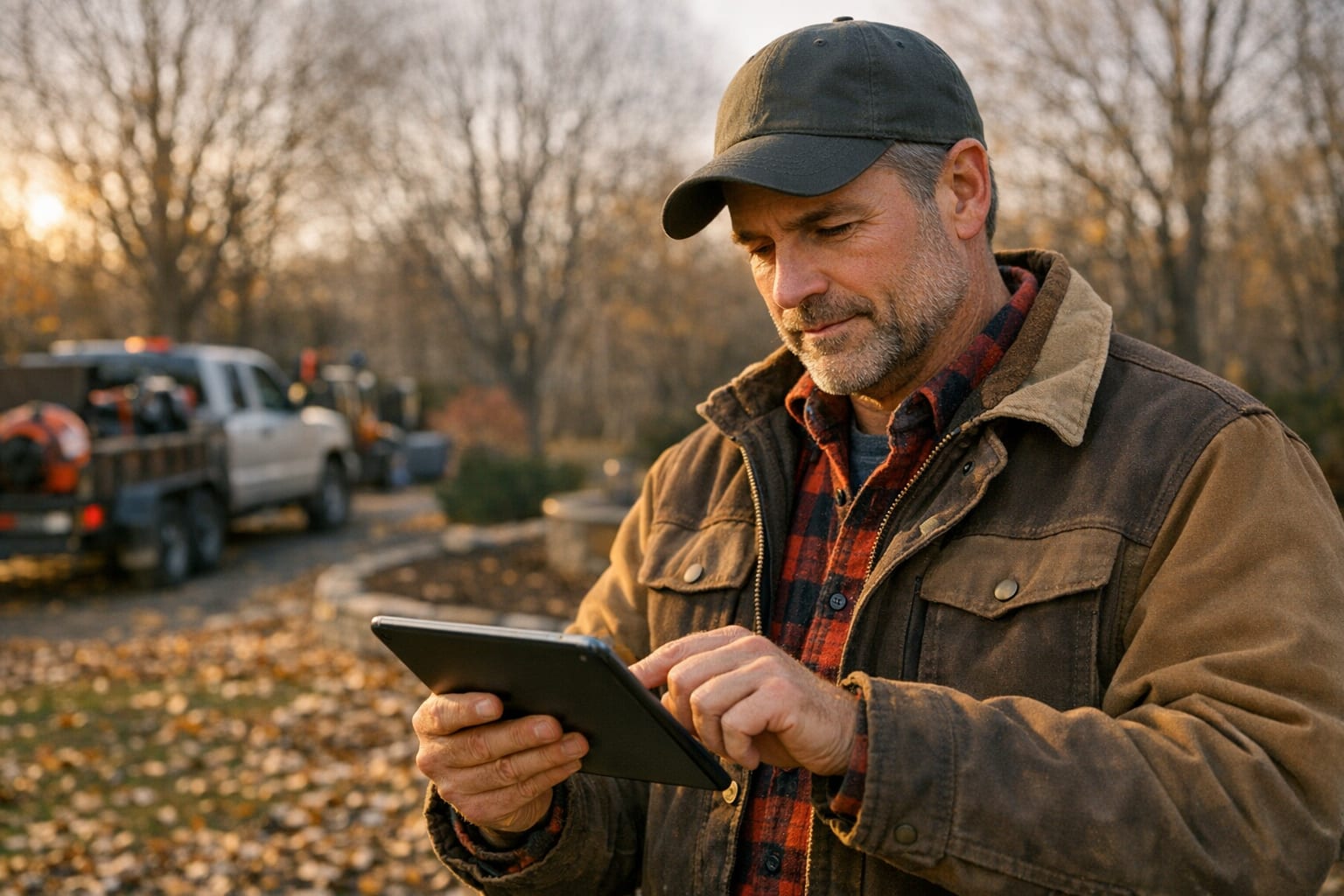 Landscaping business owner reviewing off-season plans on a tablet near a finished yard in late autumn