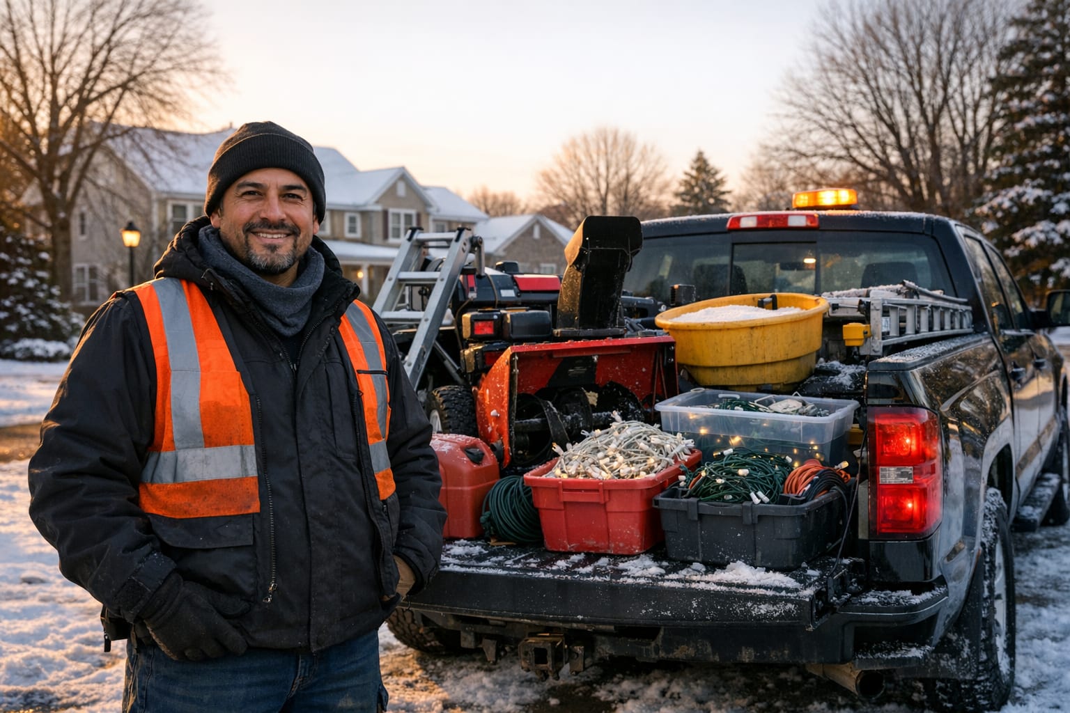 Landscaper in winter gear standing beside a pickup truck loaded with snow removal and holiday light installation equipment in a snowy suburban neighborhood