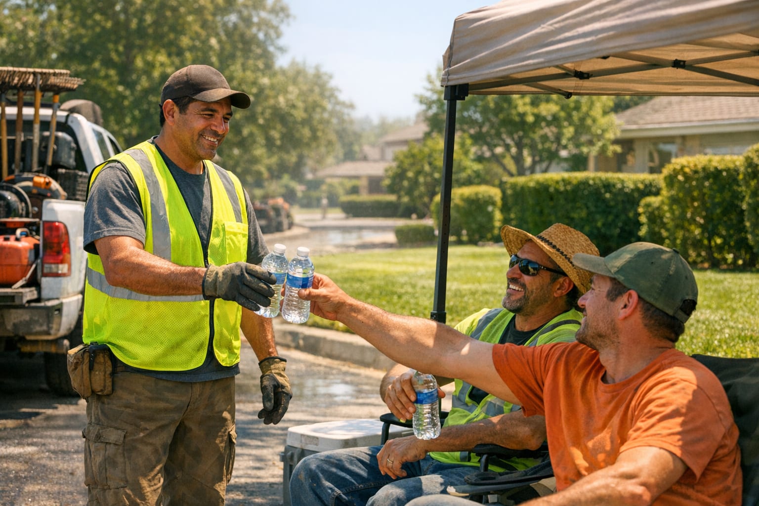 Landscaping crew leader handing water bottles to workers taking a shade break under a pop-up canopy on a sunny job site