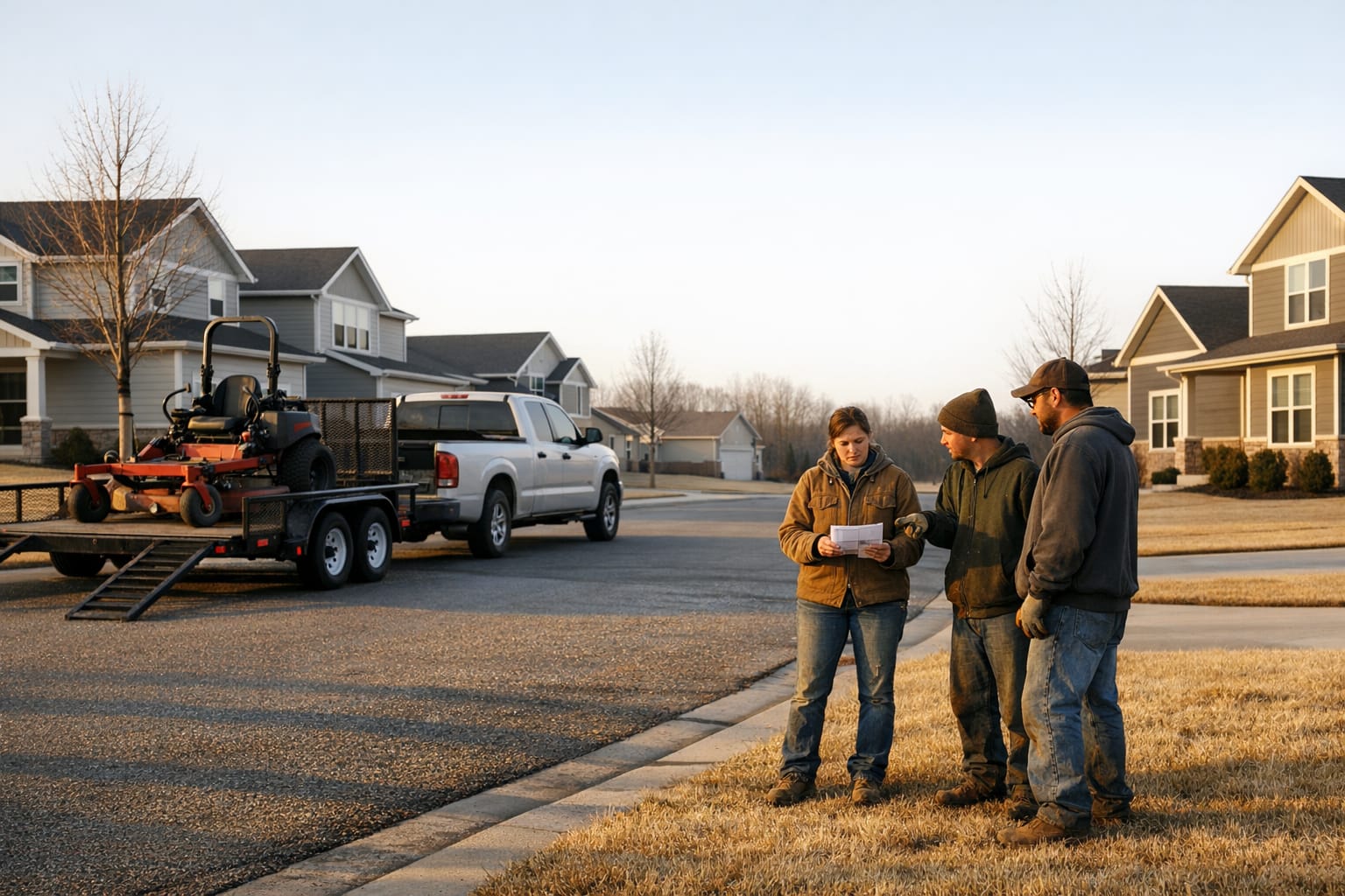 Landscaping company owner reviewing customer quotes with two crew members beside a work truck and trailer on a quiet suburban street at sunrise