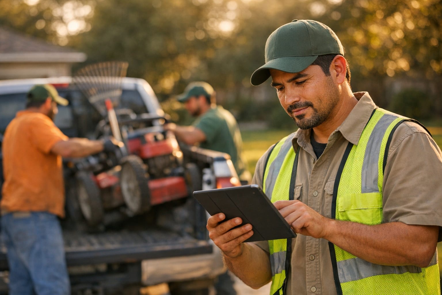 Landscaping crew leader reviewing job management app on tablet next to work truck while crew loads equipment