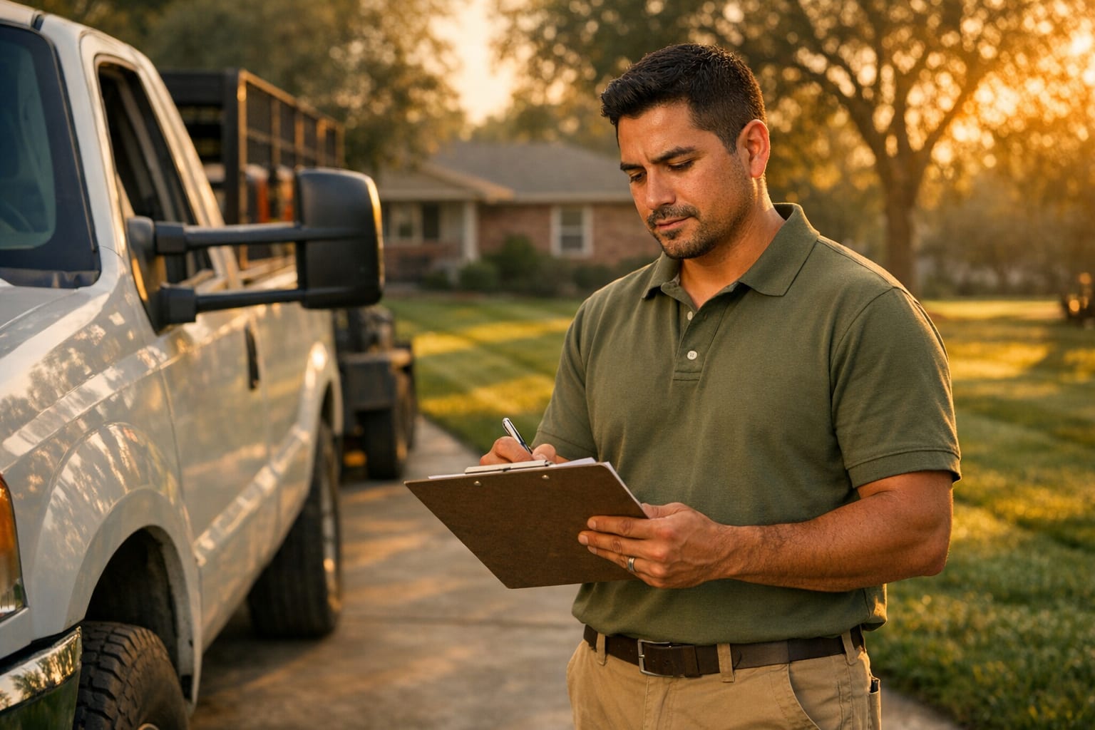 Landscaping crew leader reviewing an estimate on a clipboard next to a work truck on a residential job site