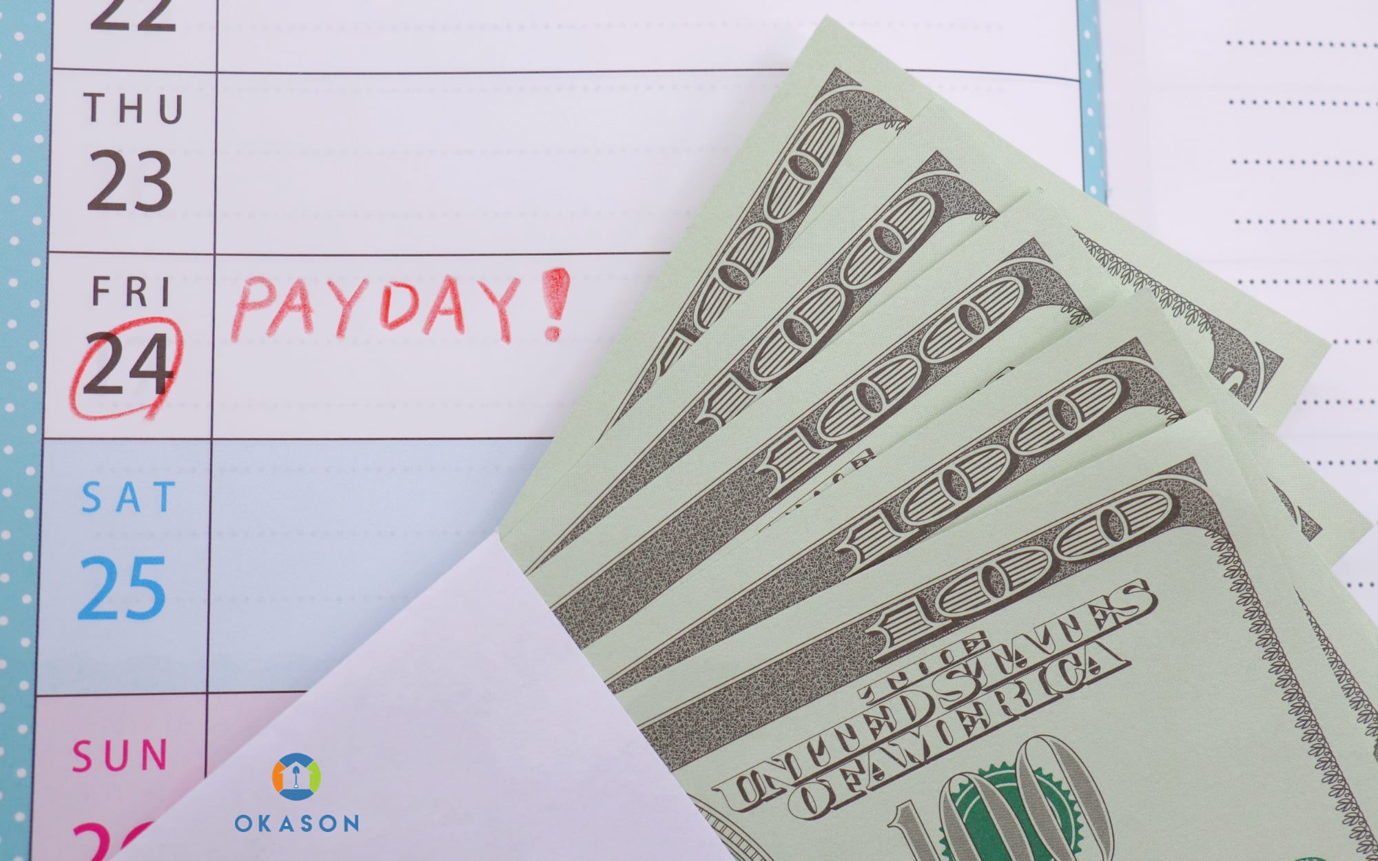 Landscaping crew leader reviewing wage sheets on a clipboard beside a white pickup truck while crew members load equipment