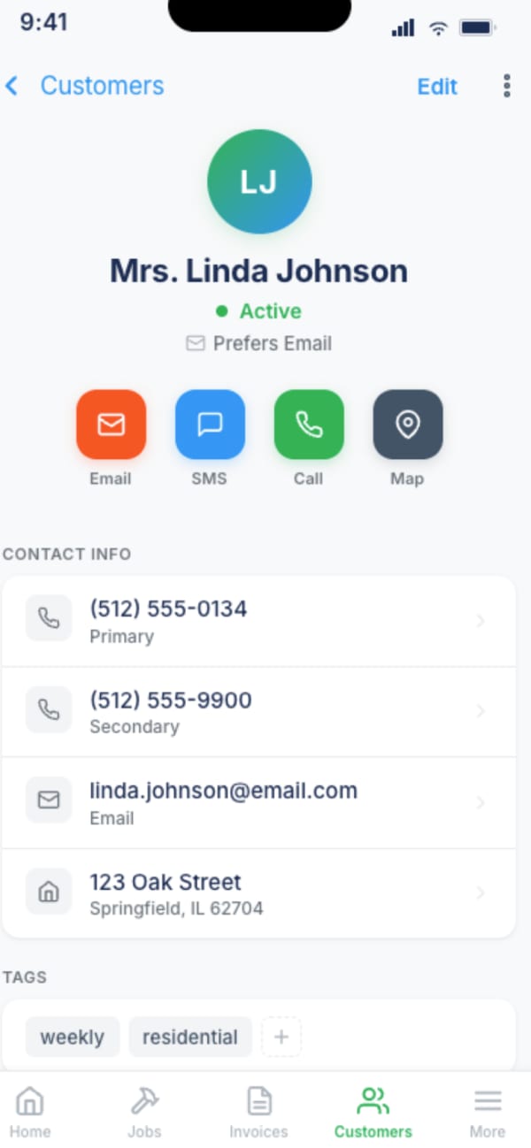 Okason mobile Customer Profile for Mrs. Linda Johnson, showing the Email, SMS, Call, and Map quick actions, contact info and tags, outstanding balance and total revenue, two properties, a notes card with the gate code, and the activity timeline.