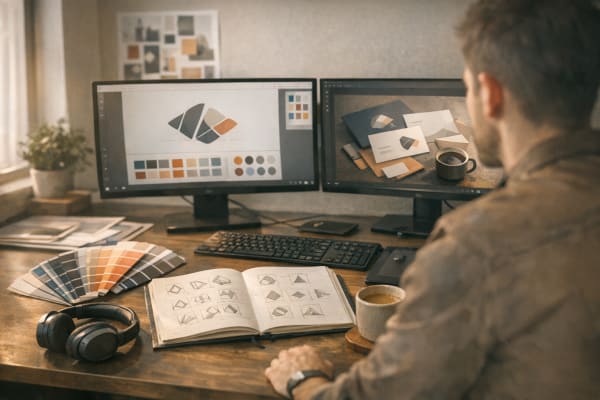 Graphic designer working on logo concepts at a dual monitor desk in a sunlit studio with a mood board, color swatches, and sketchbook visible on the workspace.