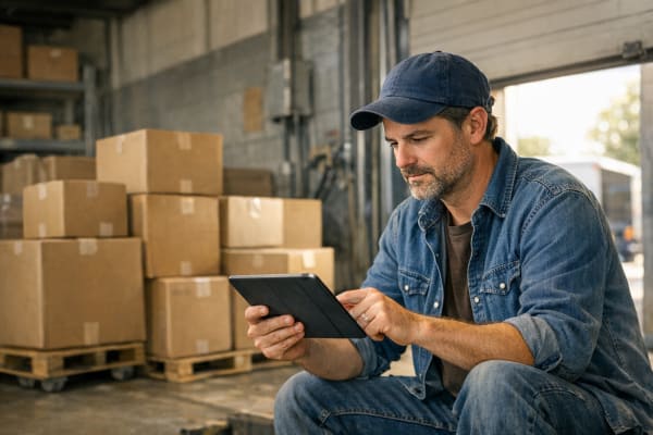 A small business owner reviewing shipping terms on a tablet at a warehouse loading dock with boxes ready to ship