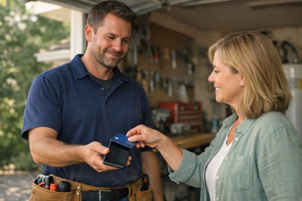 A handyman on a residential job site holding a smartphone as a homeowner taps a contactless credit card to it to pay