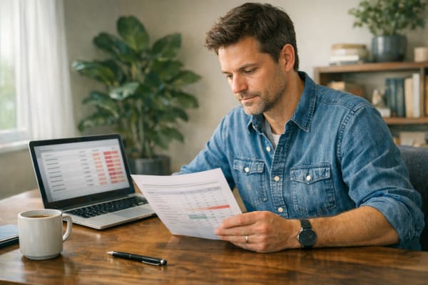 A small business owner at a home-office desk reviewing a printed accounts receivable aging report next to a laptop in soft morning light.
