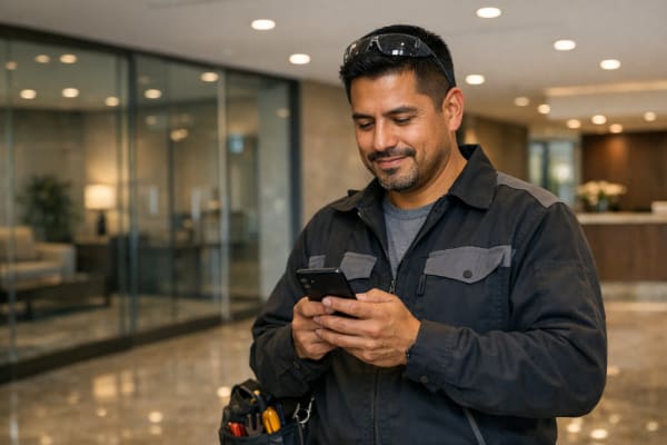 HVAC technician reviewing payment confirmation on smartphone in a corporate office lobby