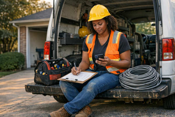 Electrician sitting on a work van tailgate reviewing a cost worksheet on a clipboard while holding a smartphone