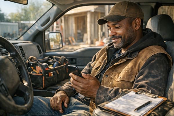 A contractor in work clothes reviews a tax invoice on a smartphone in the cab of a work truck at a job site, with tools visible nearby