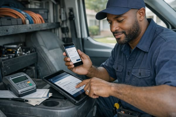 A field service contractor in a work uniform reviews a digital e-check payment confirmation on his smartphone beside his service van in a suburban driveway.