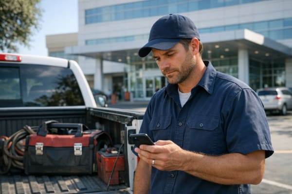 A small business HVAC technician stands beside his work truck in a hospital parking lot, reviewing an email on his phone before responding to a corporate client about purchase order requirements.