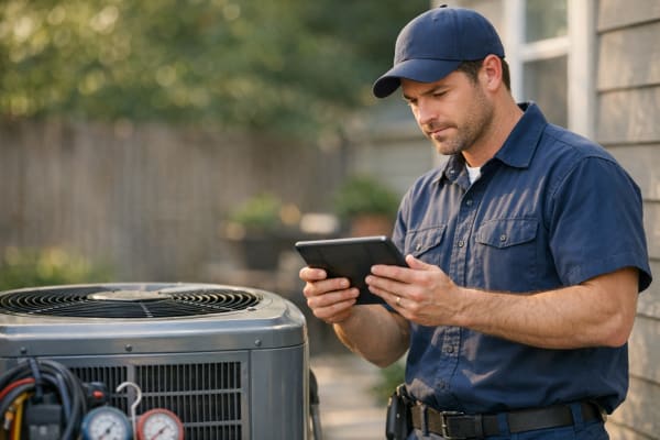 An HVAC technician beside a residential air conditioning unit reviewing a card payment statement on a tablet in natural daylight.