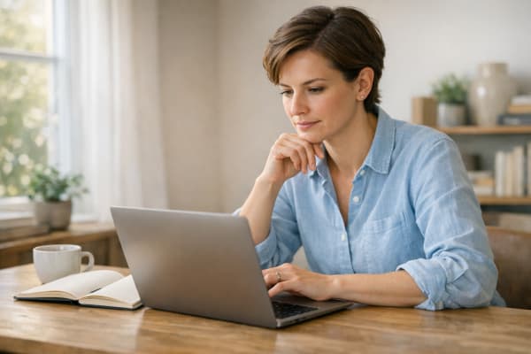 A small business owner sits at a sunlit desk calmly reviewing a client list on a laptop, taking notes in a planner.