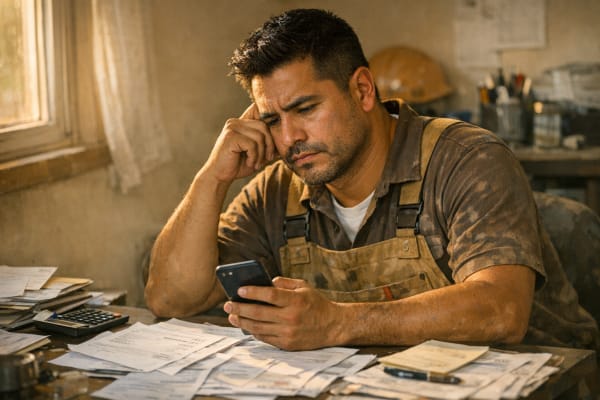 Latino male contractor looking at phone with paperwork and invoices spread on desk