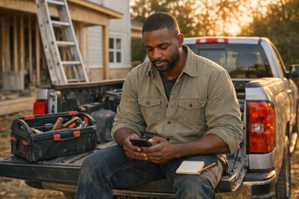 Handyman sitting on a pickup truck tailgate at a job site, checking numbers on his phone beside a notepad
