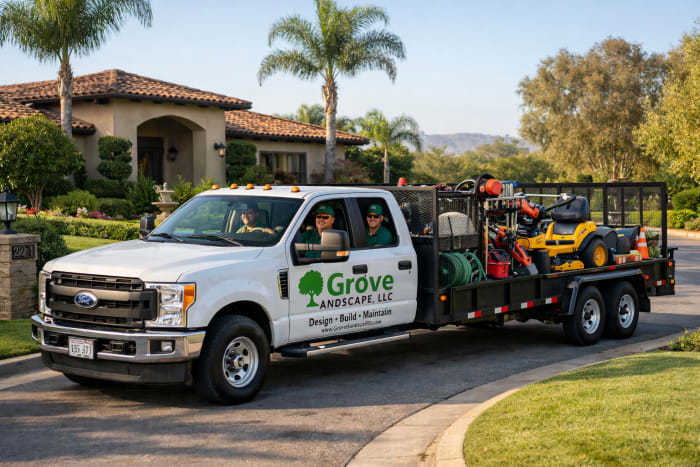 Landscape contractor with a clipboard walking a commercial property, his work pickup and mower trailer parked behind him