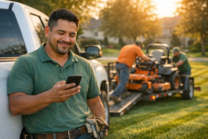 Landscaping crew leader checking payment notification on smartphone beside work truck after completing lawn service
