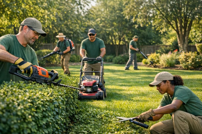 Diverse landscaping crew trimming hedges and mowing a lush green yard in warm natural lighting