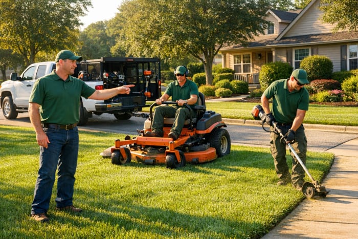 Lawn care crew leader directing team members on a residential property with professional mowing equipment