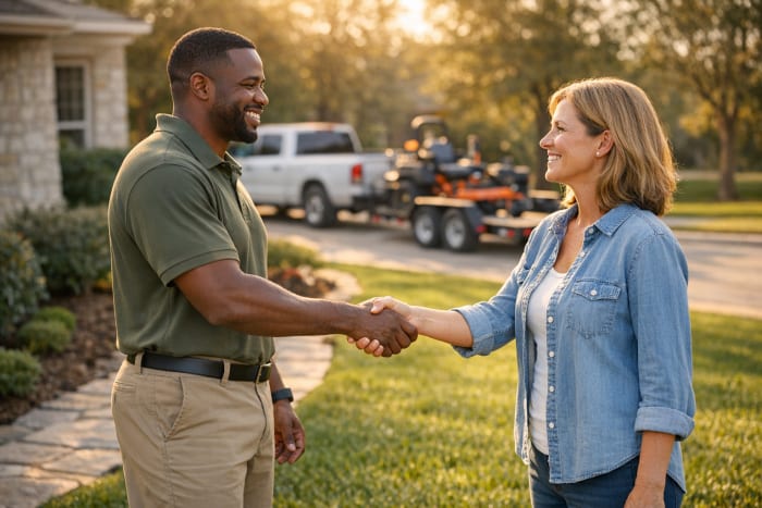 Landscaping contractor shaking hands with homeowner after a completed job, with a branded work truck and trailer parked at the curb
