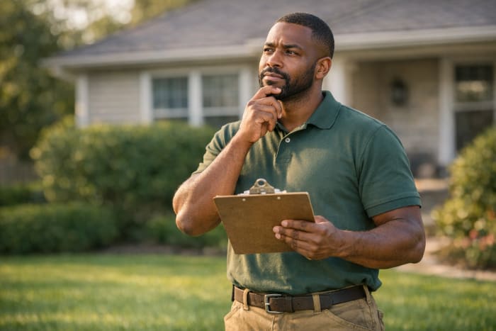 Landscaping business owner holding a clipboard and making a business decision about a client outside a residential property