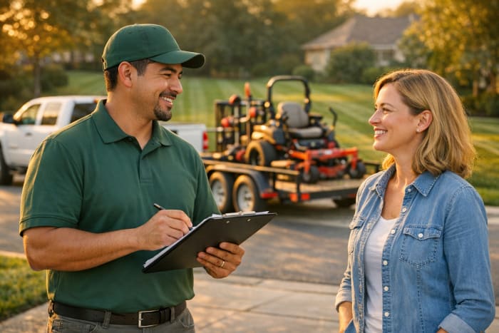 Lawn care business owner quoting a job to a homeowner on a residential driveway with a mowing trailer in the background