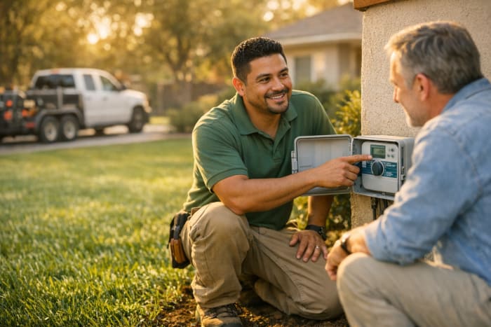 Landscaping crew leader showing homeowner how a smart irrigation controller works in a residential front yard