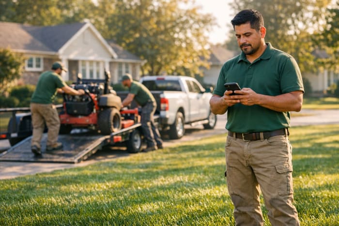 Landscaping crew leader checking his smartphone for new customer leads while crew members load equipment in a residential yard