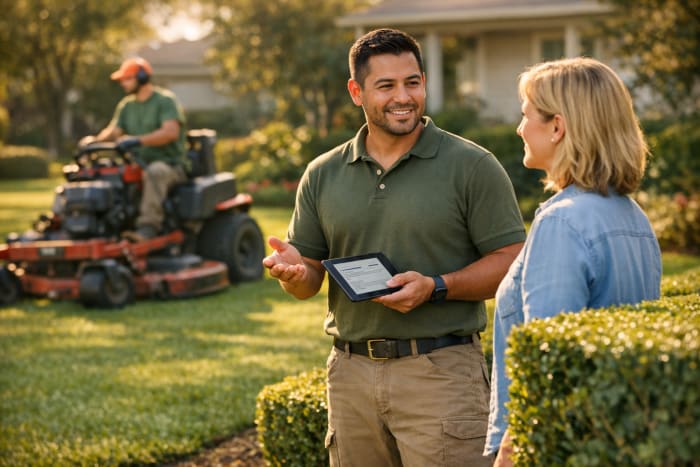Landscaping crew leader showing a quote on a tablet to a homeowner near freshly trimmed hedges
