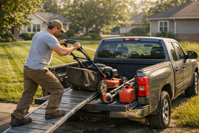 Person pushing a lawn mower across a residential yard, starting a landscaping business with basic equipment