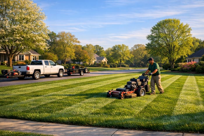 Solo landscaper pushing a commercial mower across a striped residential lawn, with his pickup truck and trailer parked at the curb on a sunny spring morning