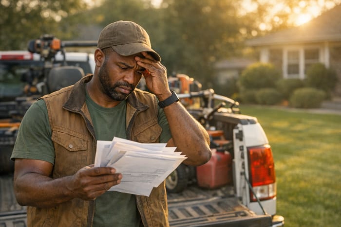 Landscape contractor reviewing paperwork with a frustrated expression next to a truck with equipment