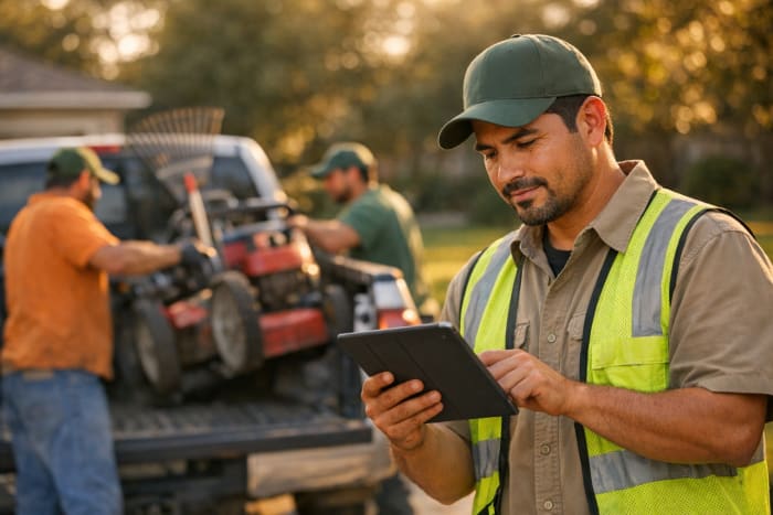 Landscaping crew leader reviewing job management app on tablet next to work truck while crew loads equipment