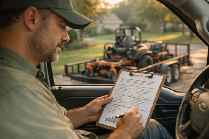 Small landscaping business owner reviewing a one-page business plan in the cab of a work truck with mowing equipment on a trailer